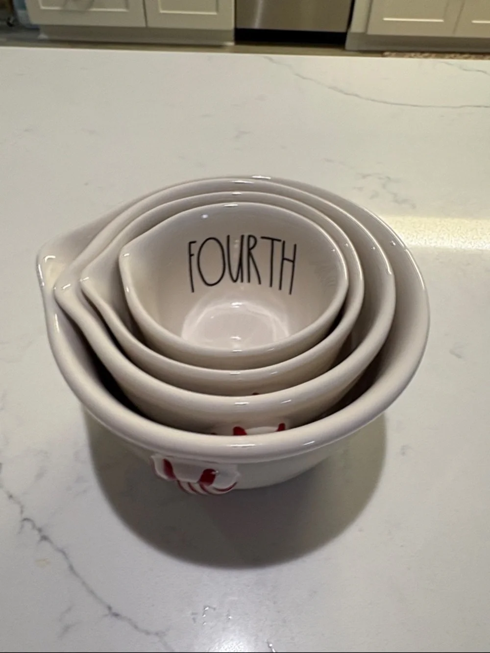 Rae Dunn White Ceramic Nesting Measuring Bowls with Red Candy Cane Accent